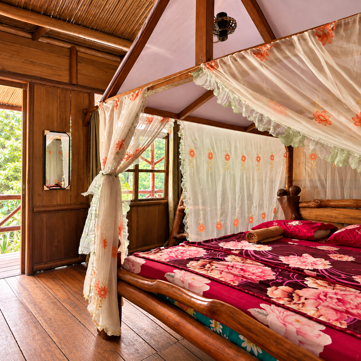 Main Room wooden bed with floral bedding and a mosquito net beside windows overlooking greenery