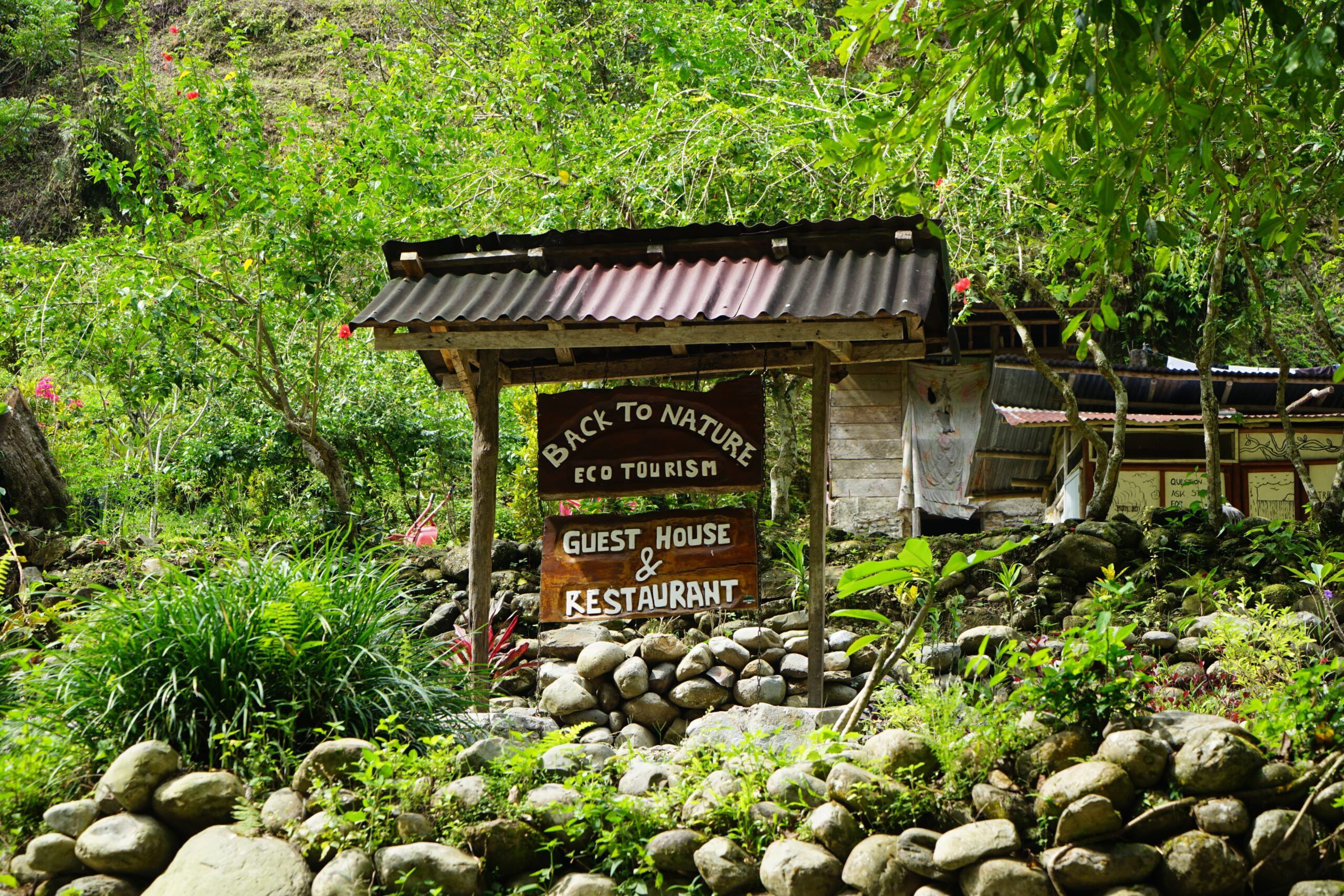 Back to Nature Ecotourism sign at the lodge entrance in Bukit Lawang